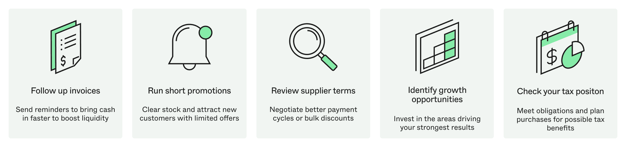 Infographic with five tips: Follow up invoices, Run short promotions, Review supplier terms, Identify growth opportunities, Check your tax position.