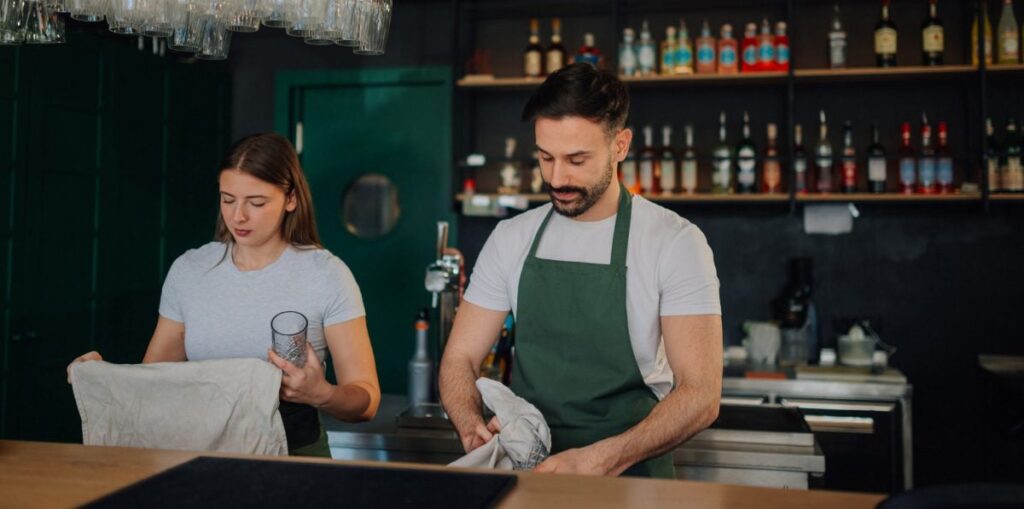 Two people working behind a bar with shelves of bottles and hanging glassware in the background.