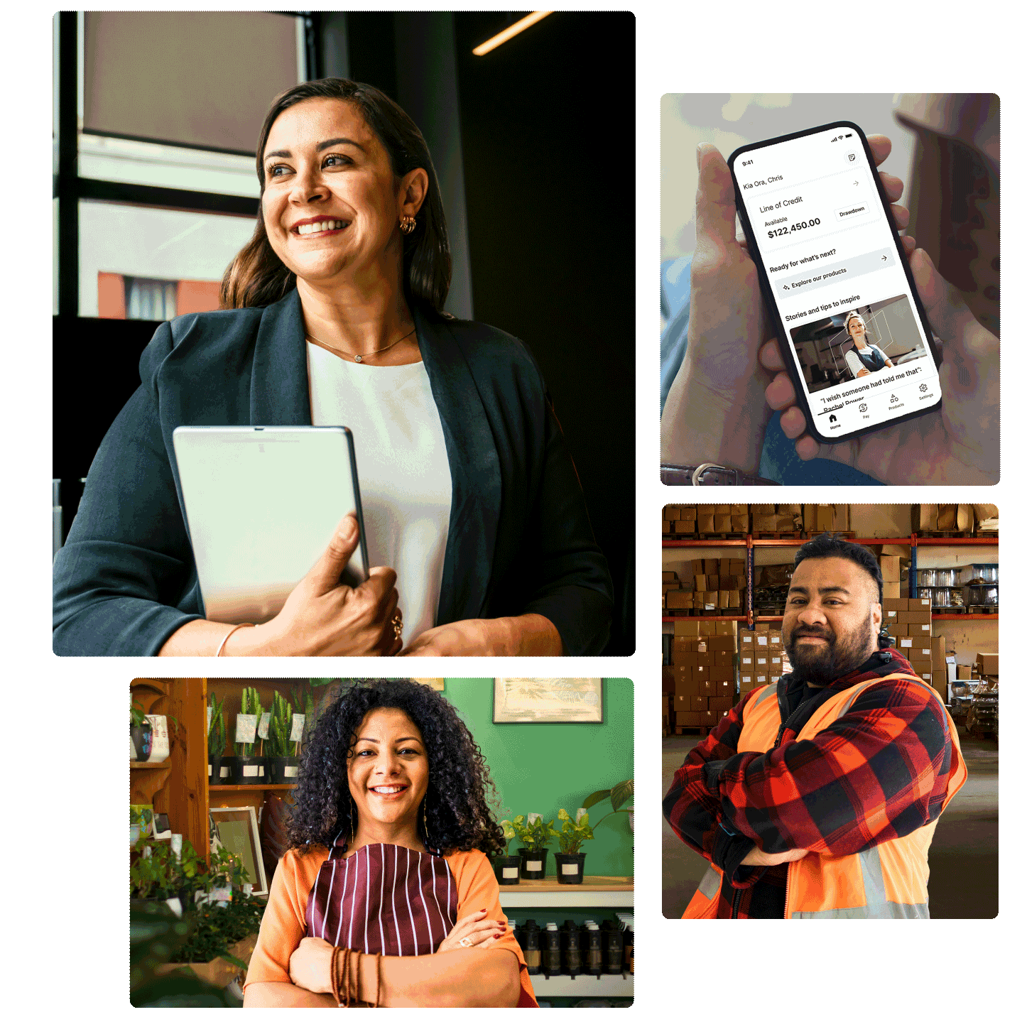 Image grid showing diverse small business owners and a smartphone displaying a Prospa Business Loan balance